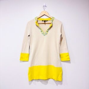 BCBGMAXAZRIA Two-Tone Beige & Yellow Beaded Trim Tunic Top | X-Small *